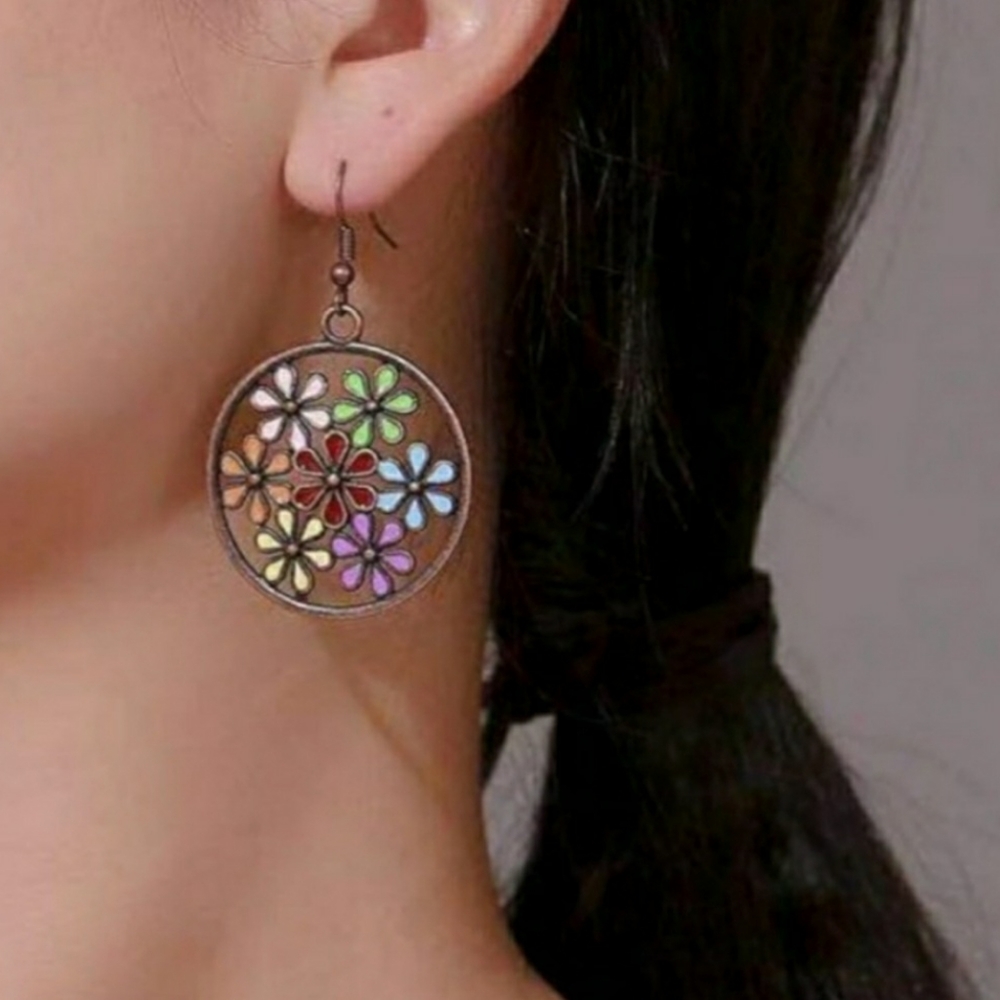 NEW Boho Vintage Hippie Round Cutout Hollow Flower Dangle Earrings
